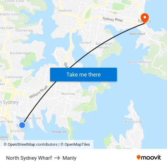 North Sydney Wharf to Manly map