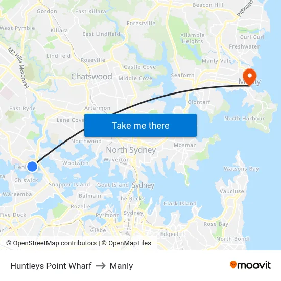 Huntleys Point Wharf to Manly map