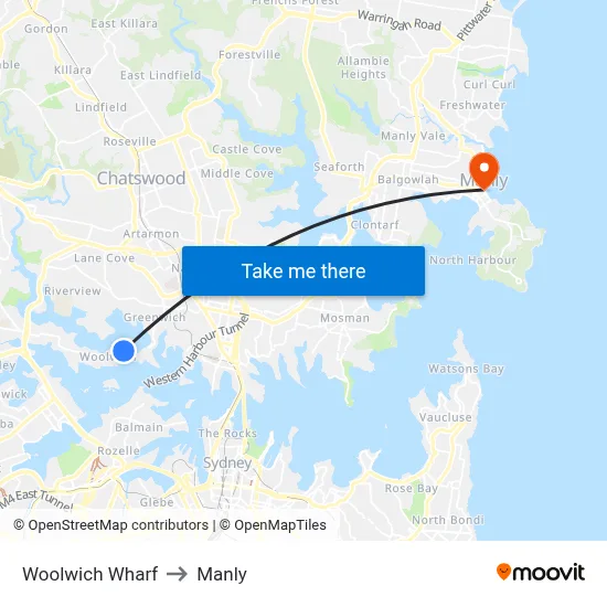 Woolwich Wharf to Manly map