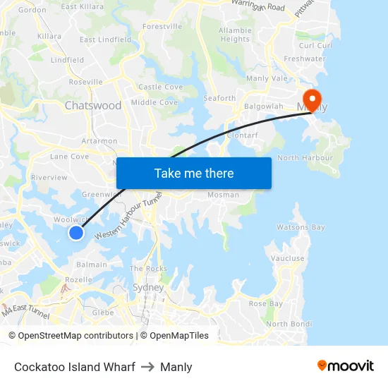 Cockatoo Island Wharf to Manly map