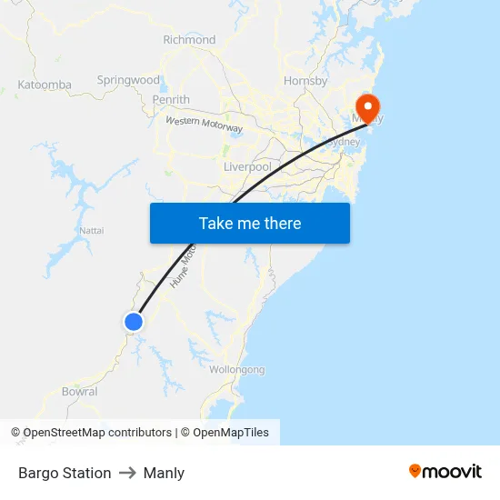 Bargo Station to Manly map