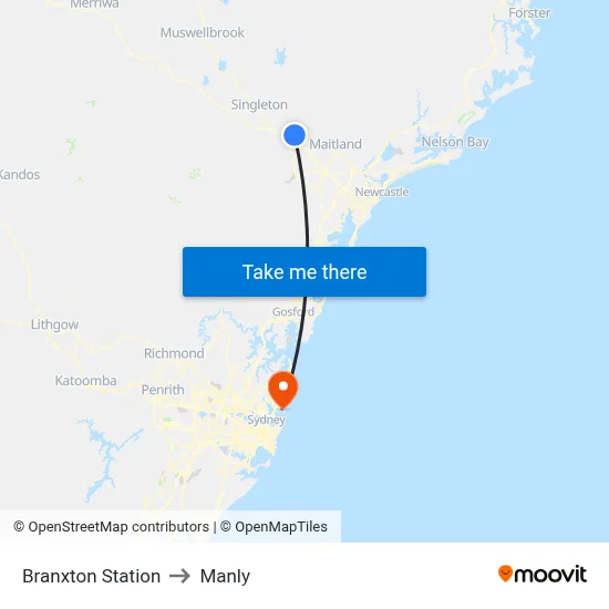 Branxton Station to Manly map