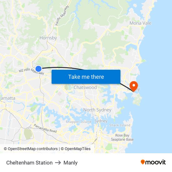 Cheltenham Station to Manly map