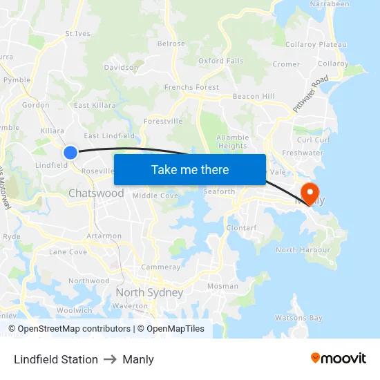 Lindfield Station to Manly map