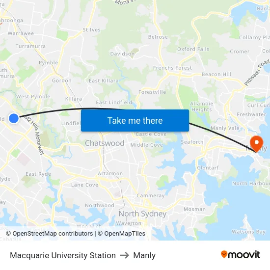 Macquarie University Station to Manly map