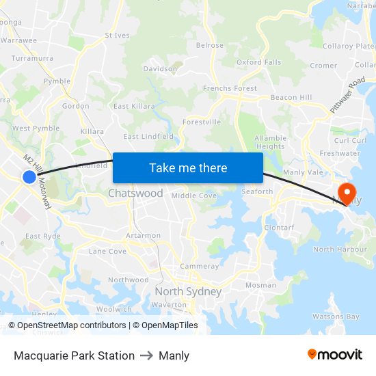 Macquarie Park Station to Manly map