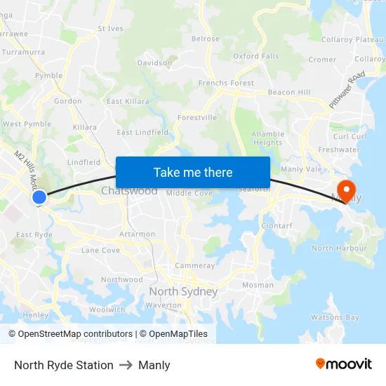 North Ryde Station to Manly map