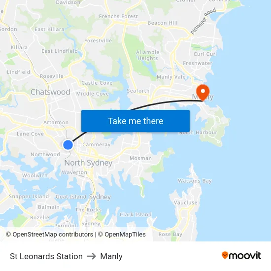 St Leonards Station to Manly map