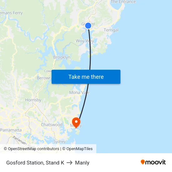 Gosford Station, Stand K to Manly map