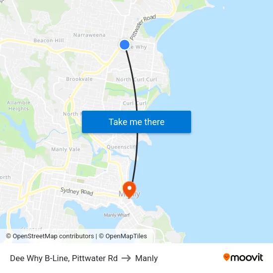 Dee Why B-Line, Pittwater Rd to Manly map