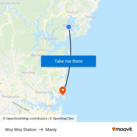 Woy Woy Station to Manly map