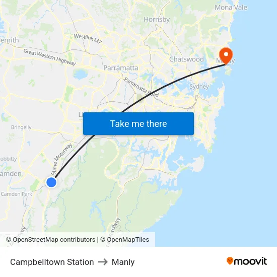 Campbelltown Station to Manly map