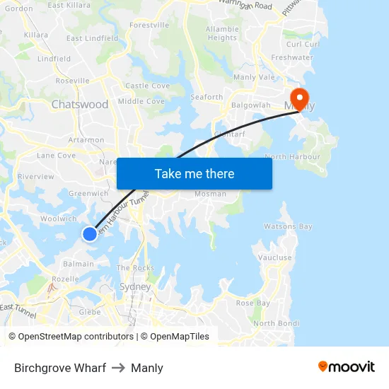 Birchgrove Wharf to Manly map