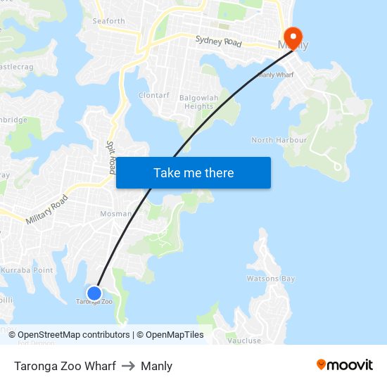 Taronga Zoo Wharf to Manly map