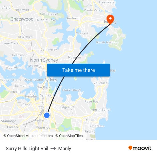 Surry Hills Light Rail to Manly map