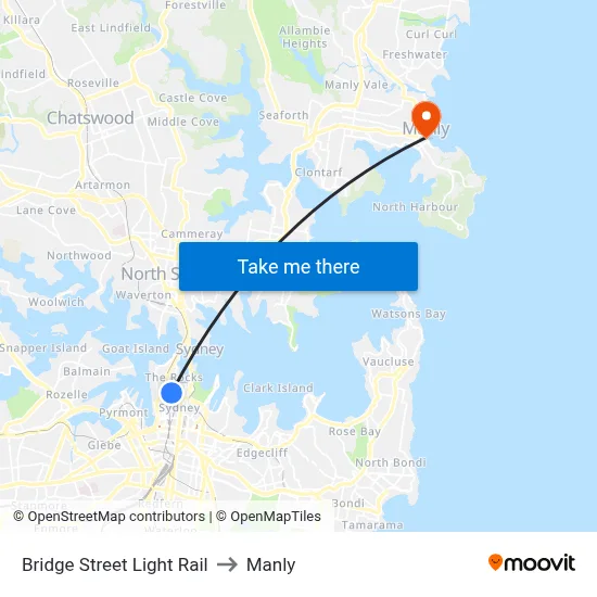 Bridge Street Light Rail to Manly map