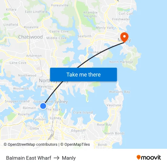 Balmain East Wharf to Manly map