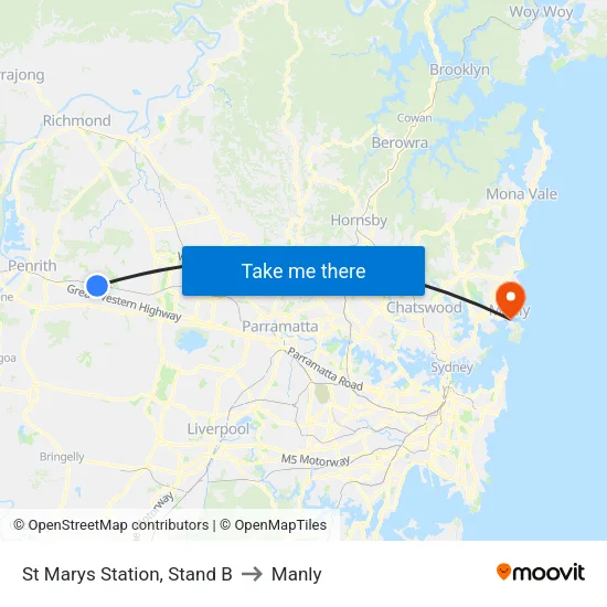 St Marys Station, Stand B to Manly map