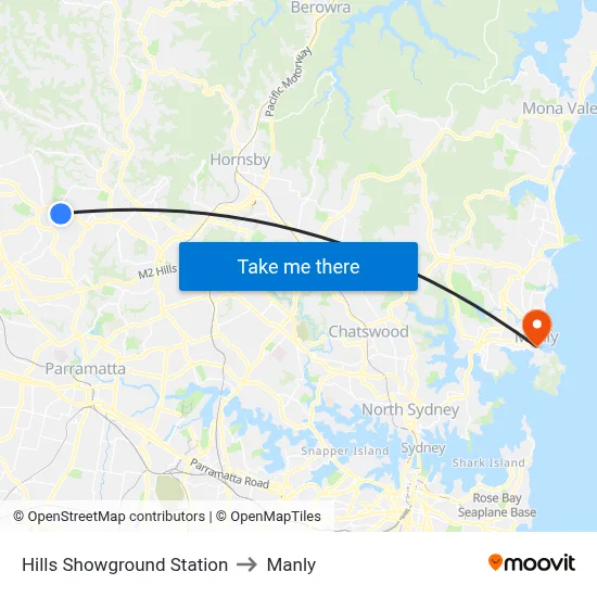 Hills Showground Station to Manly map