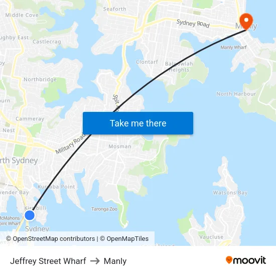 Jeffrey Street Wharf to Manly map