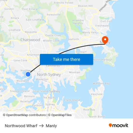 Northwood Wharf to Manly map