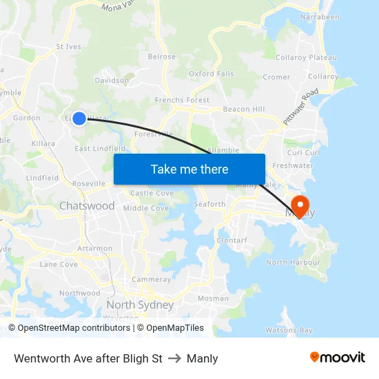 Wentworth Ave after Bligh St to Manly map