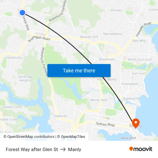 Forest Way after Glen St to Manly map
