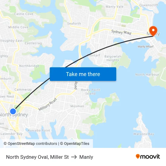 North Sydney Oval, Miller St to Manly map