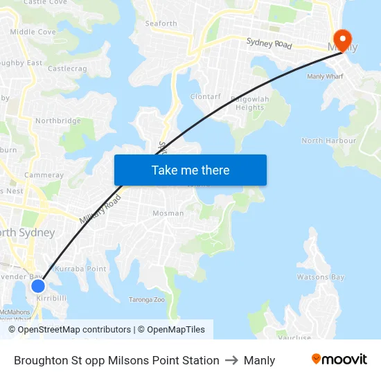 Broughton St opp Milsons Point Station to Manly map