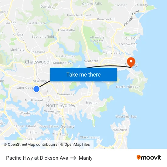 Pacific Hwy at Dickson Ave to Manly map