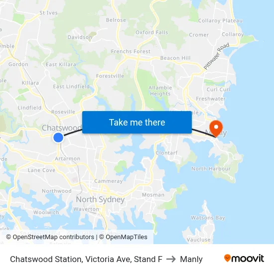 Chatswood Station, Victoria Ave, Stand F to Manly map