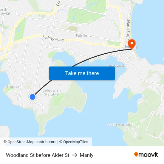 Woodland St before Alder St to Manly map