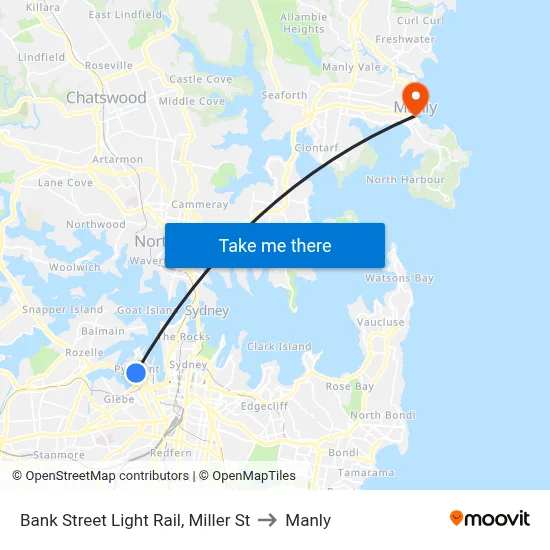Bank Street Light Rail, Miller St to Manly map