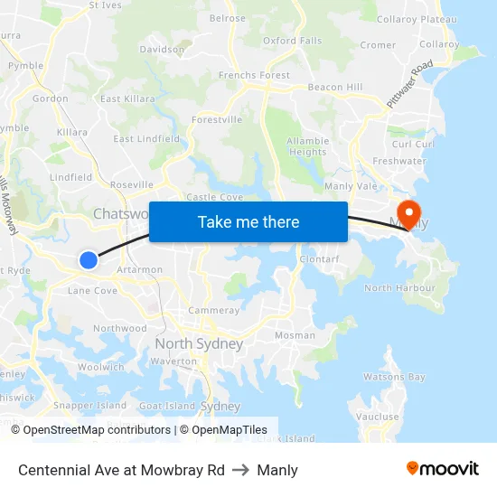 Centennial Ave at Mowbray Rd to Manly map