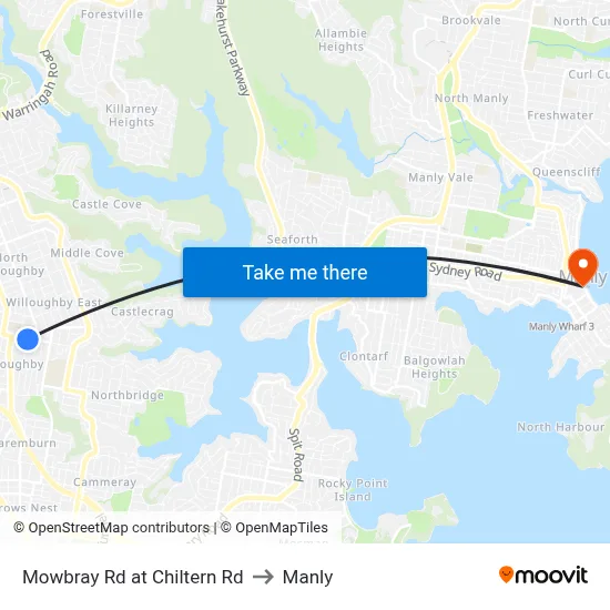Mowbray Rd at Chiltern Rd to Manly map
