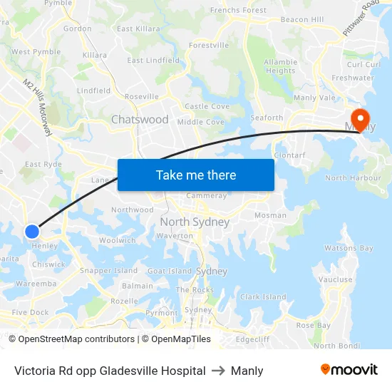 Victoria Rd opp Gladesville Hospital to Manly map