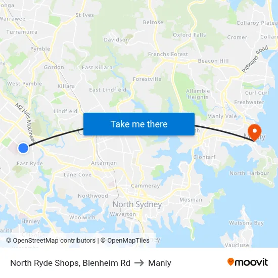 North Ryde Shops, Blenheim Rd to Manly map