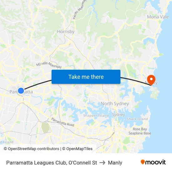 Parramatta Leagues Club, O'Connell St to Manly map