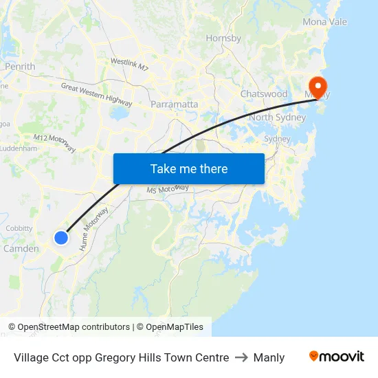 Village Cct opp Gregory Hills Town Centre to Manly map
