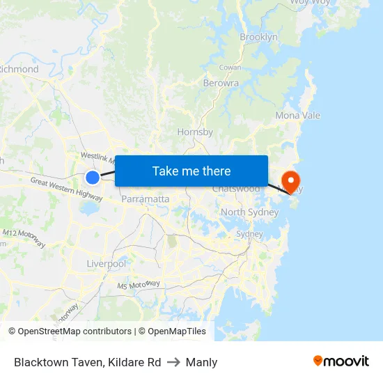 Blacktown Taven, Kildare Rd to Manly map