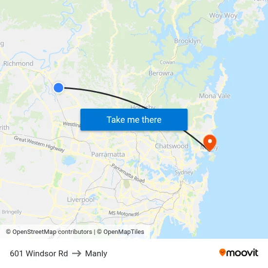 601 Windsor Rd to Manly map