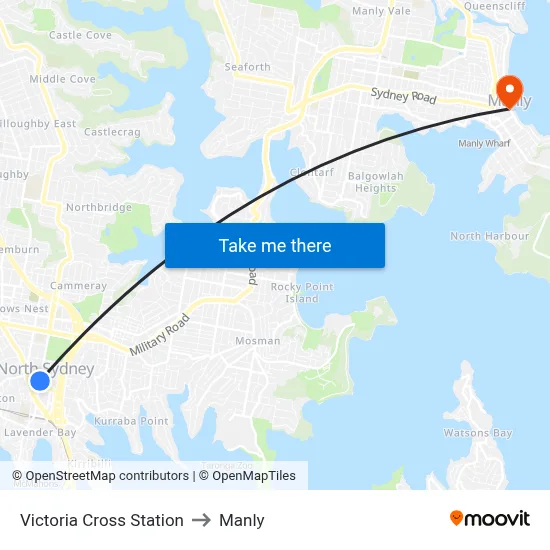 Victoria Cross Station to Manly map
