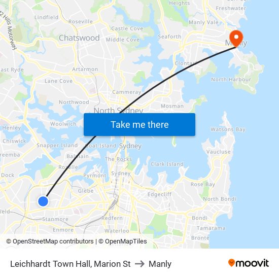 Leichhardt Town Hall, Marion St to Manly map