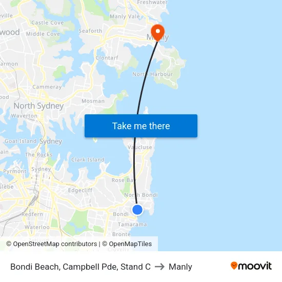 Bondi Beach, Campbell Pde, Stand C to Manly map