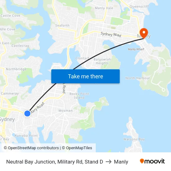 Neutral Bay Junction, Military Rd, Stand D to Manly map