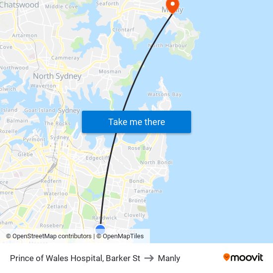 Prince of Wales Hospital, Barker St to Manly map