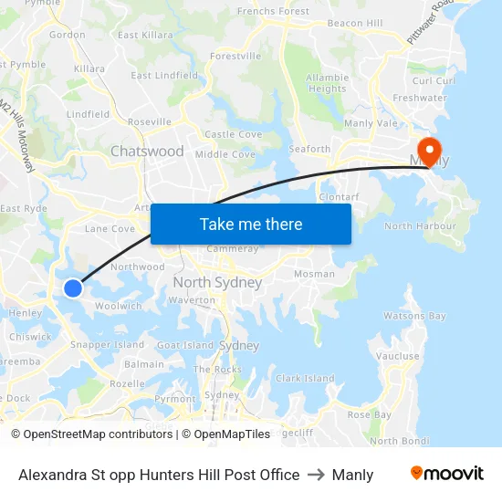 Alexandra St opp Hunters Hill Post Office to Manly map