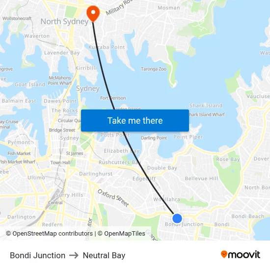Bondi Junction to Neutral Bay map