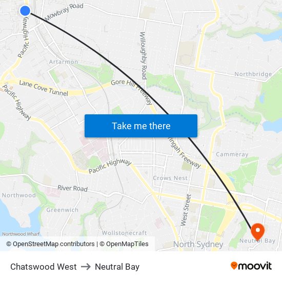 Chatswood West to Neutral Bay map