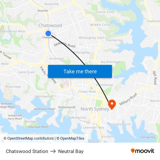 Chatswood Station to Neutral Bay map